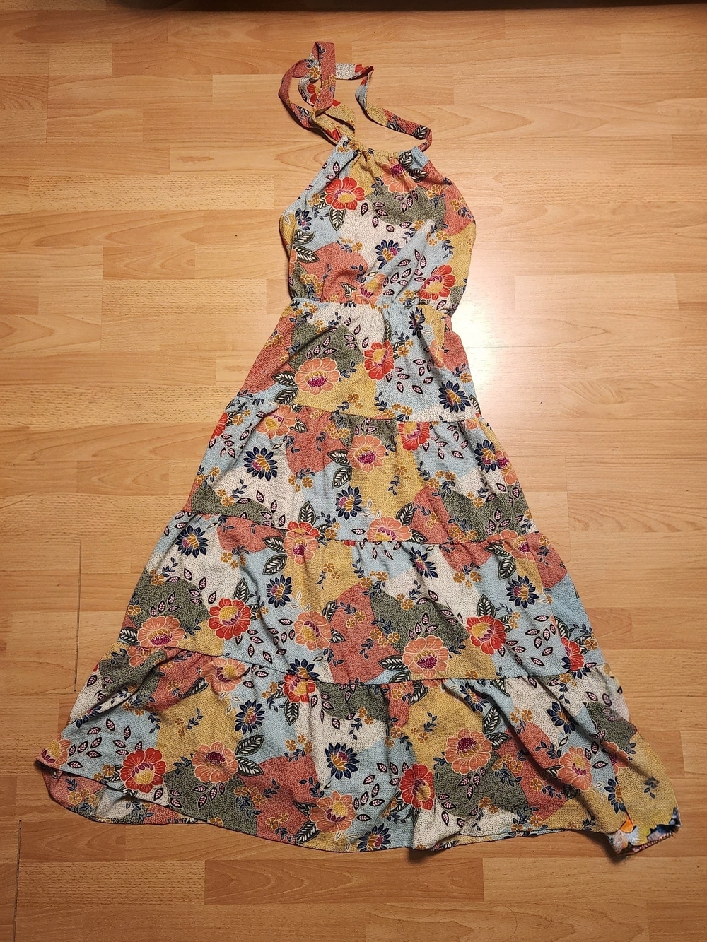 Monteau Floral Halter Tiered Maxi Dress - Yellow, Blue, Coral - Picture 6 of 6